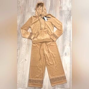 BCBG Maxazria Beige Velor Tracksuit Crop Style with Crochet